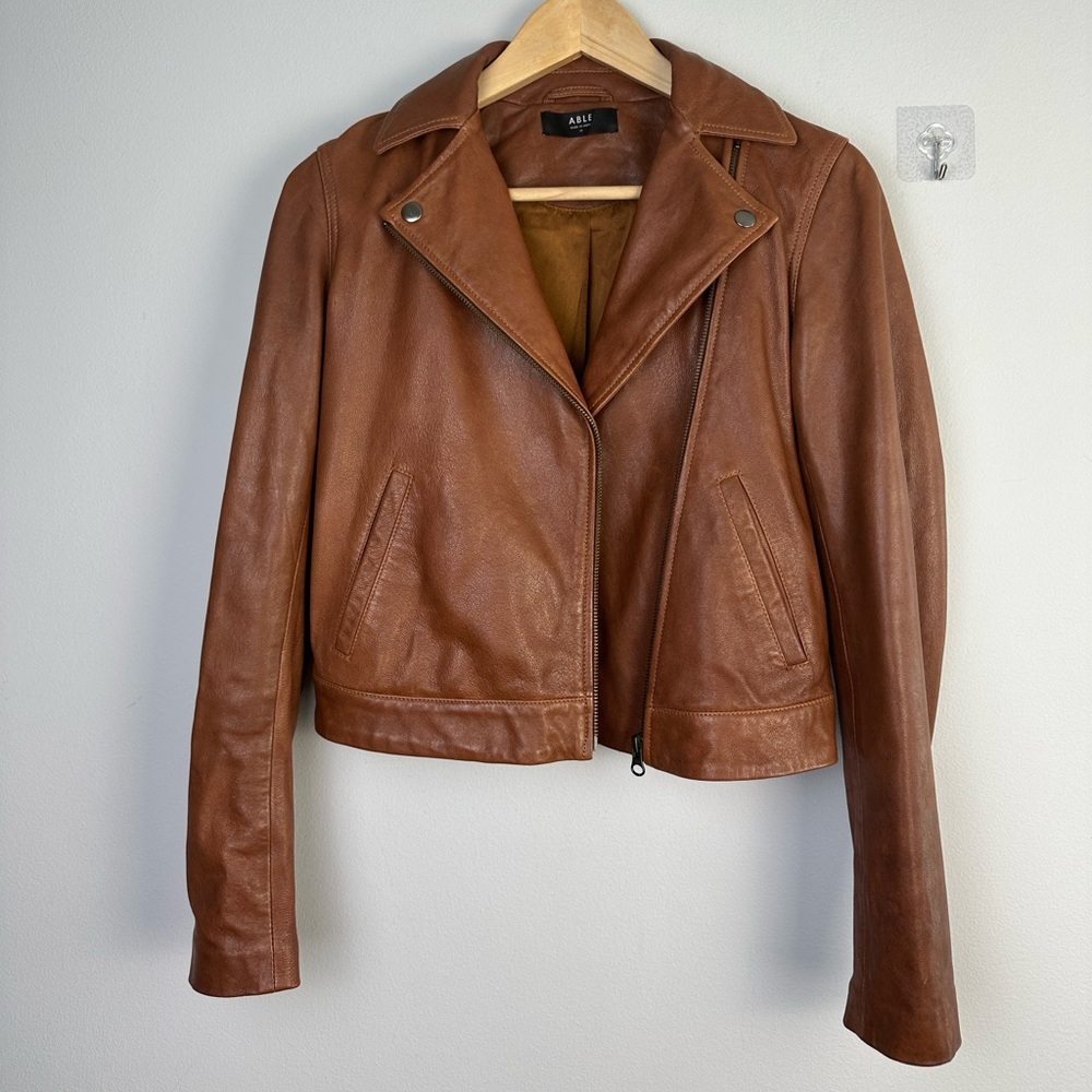 ABLE Maha Soft Lamb Leather Jacket XS in Whiskey Brown Cropped Moto Zipper Cuffs - Picture 8 of 16